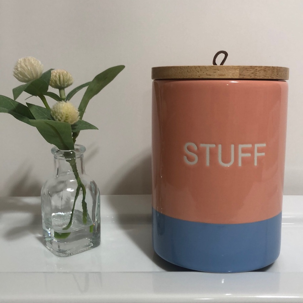 Stoneware “Stuff” Canister w-Wooden Lid